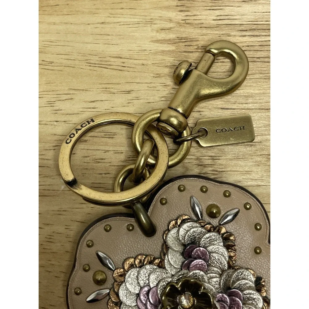 COACH Leather Sequin Appliqué Tea Rose Bag Charm in Beechwood and Gold - Picture 8 of 8